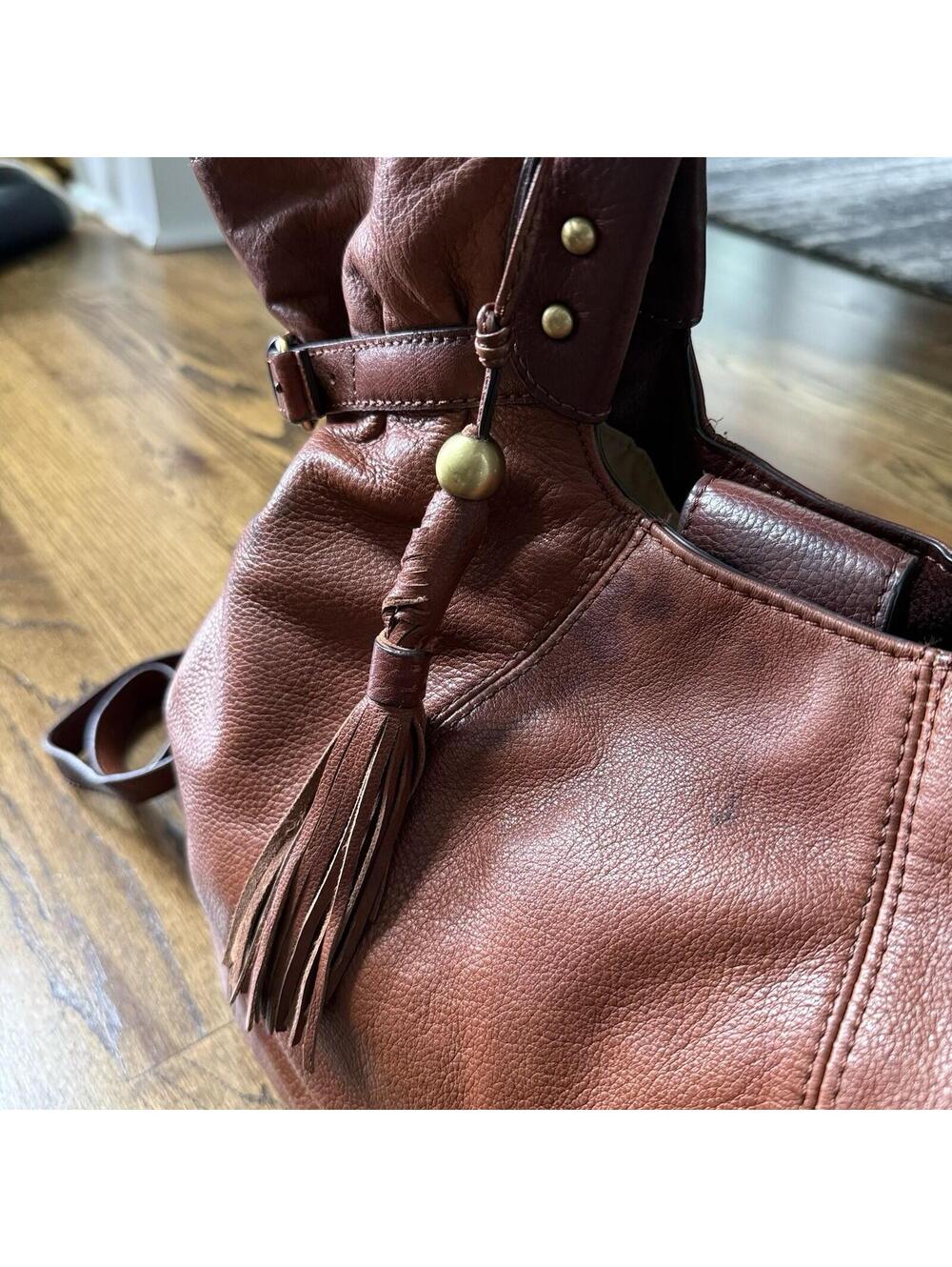 Lucky Brand Cognac Leather Boho Slouch Tote Crossbody Bag Tassel Large - Picture 4 of 11